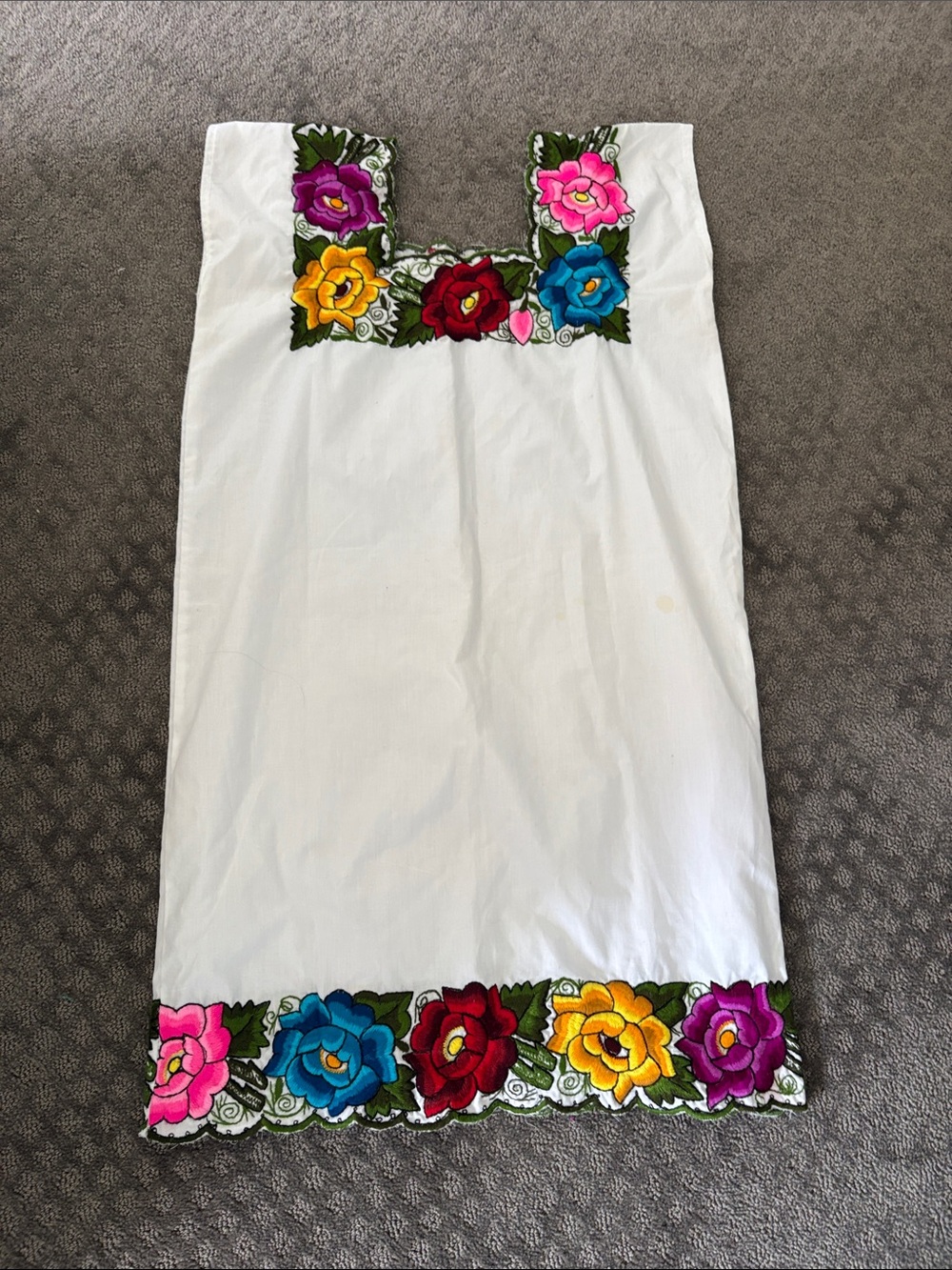 White Embroidered Mexican Dress with Multicolor Floral Trim